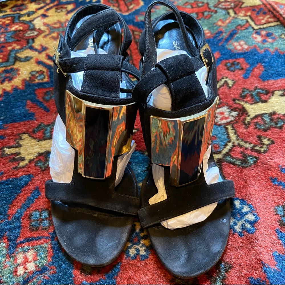 Vintage Saint Laurent Black Suede Heels with Gold Accent - Picture 5 of 5